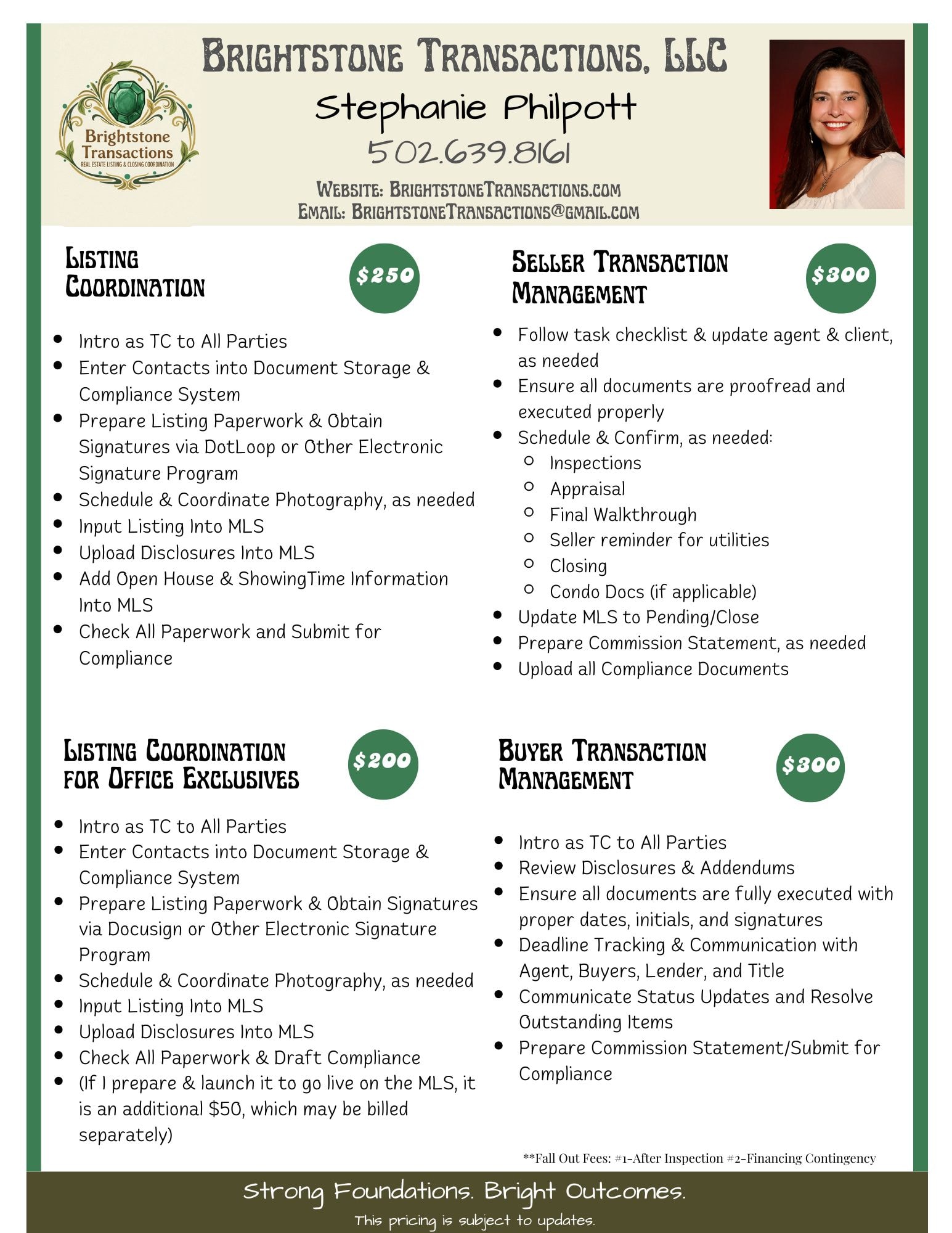 Brightstone Transactions 2026 Services & Pricing Menu